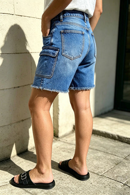 Wash Raw Hem Dual Button Mid Waist Denim Mid Thigh Shorts