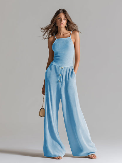 Chic Elegant Blue Slit-Fit Camisole Button-Front Wide-Leg Pants Ribbed Knit Two-Piece Set