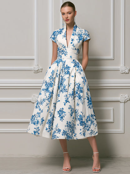 Vintage-Inspired Azure Floral Pleated Midi Dress