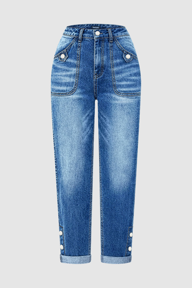 Wash Button Decor Roll Hem High Rise Crop Tapered Jeans