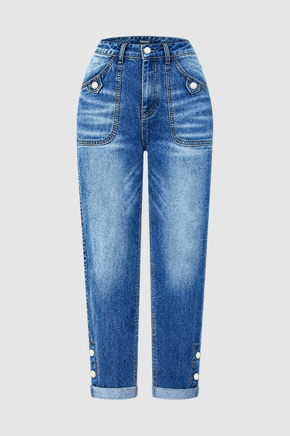 Wash Button Decor Roll Hem High Rise Crop Tapered Jeans