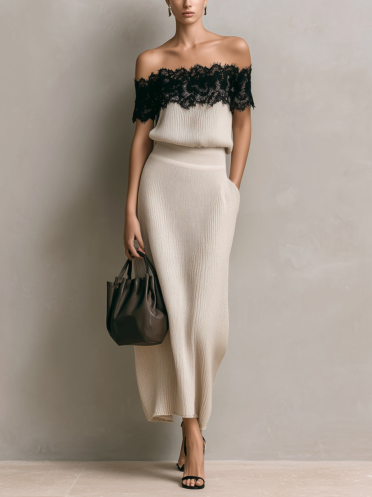 Chic Elegant Cream White Off-The-Shoulder Lace Detail Loose-Fit Sweater And A-Line Maxi Skirt Ribbed Knit Two-Piece Set