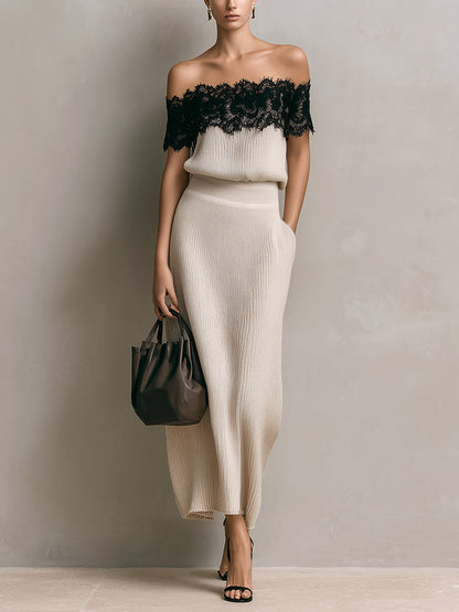 Chic Elegant Cream White Off-The-Shoulder Lace Detail Loose-Fit Sweater And A-Line Maxi Skirt Ribbed Knit Two-Piece Set