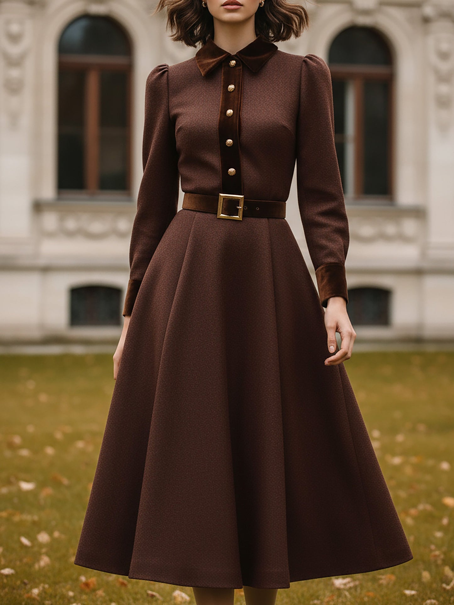 Robe midi en coton, manches longues, col châle, unie, avec ceinture, vintage, couleur café