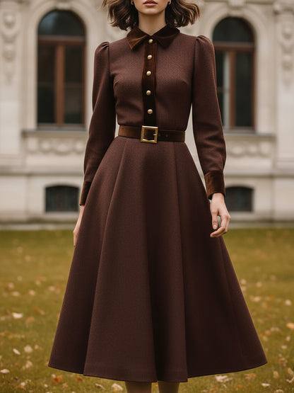 Robe midi en coton, manches longues, col châle, unie, avec ceinture, vintage, couleur café