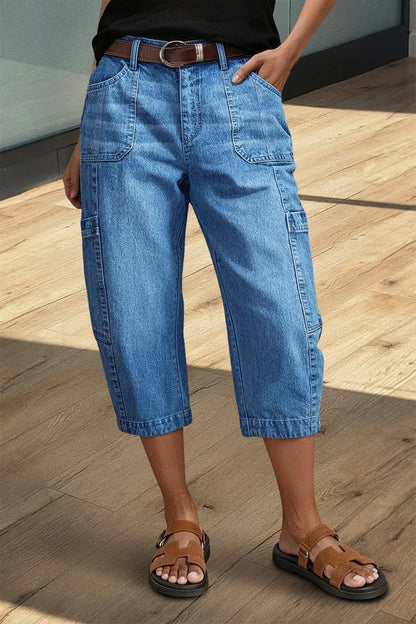 Wash Pocket Side Mid Waist Barrel Leg Capri Jeans Without Belt