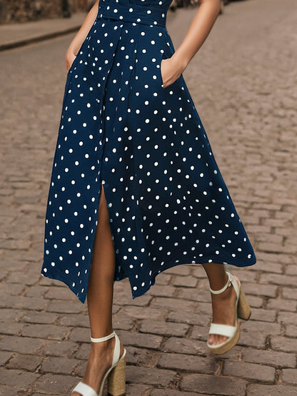 Robe midi en coton, sans manches, col châle, à pois, boutonnée, style vintage français, couleur café