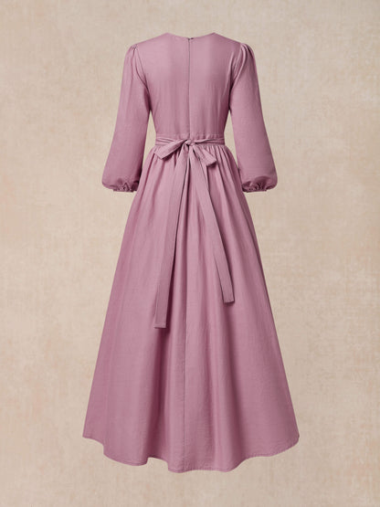 Robe longue en lin, manches longues, col en dentelle, mélange de lin, unie, robe chemise