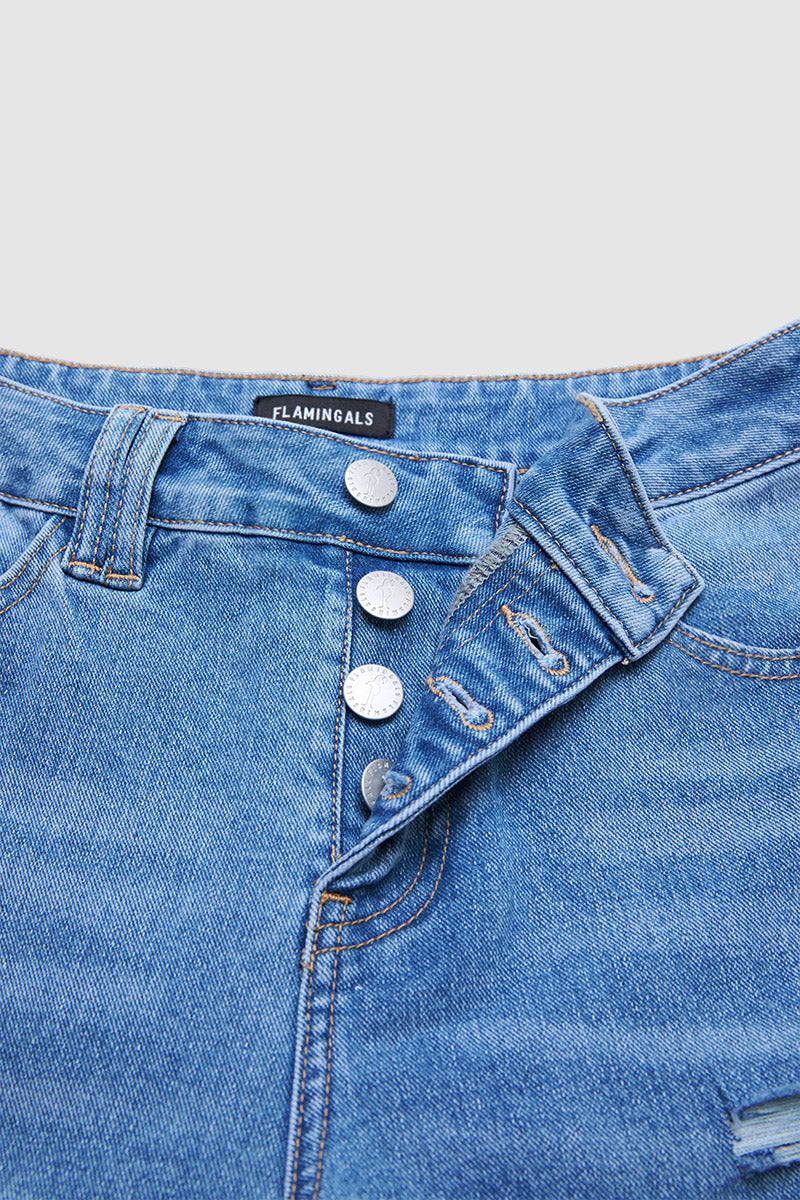 Wash Front Button Ripped Mid Waist Barrel Leg Crop Jeans Without Belt