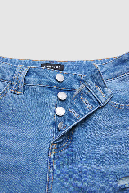 Wash Front Button Ripped Mid Waist Barrel Leg Crop Jeans Without Belt