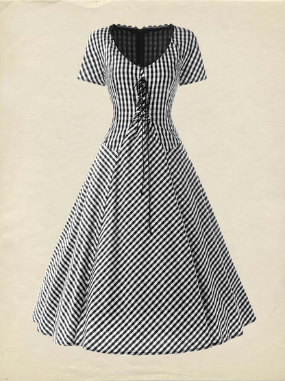 Robe midi en coton, manches courtes, col en dentelle, carreaux, vintage, blanc