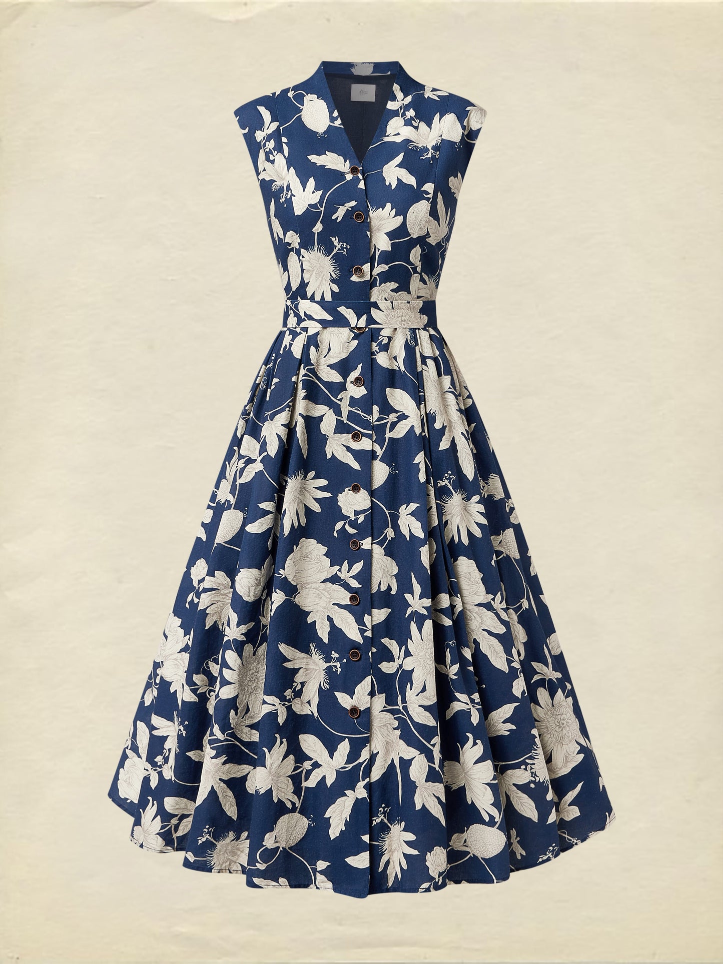 Robe midi en lin, Manches courtes, Col en V, Fleurie, Boutons décoratifs, Vintage, Bleu foncé
