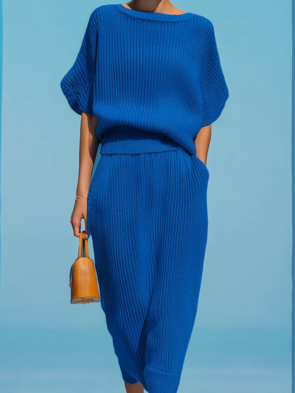 Chic Elegant Royal Blue Boat Neck Short-Sleeve Loose-Fit Sweater And Bodycon Midi Skirt Ribbed Knit Two-Piece Set