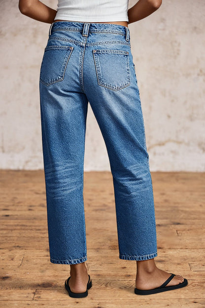 Wash Seam Detail Mid Rise Straight Leg Crop Jeans