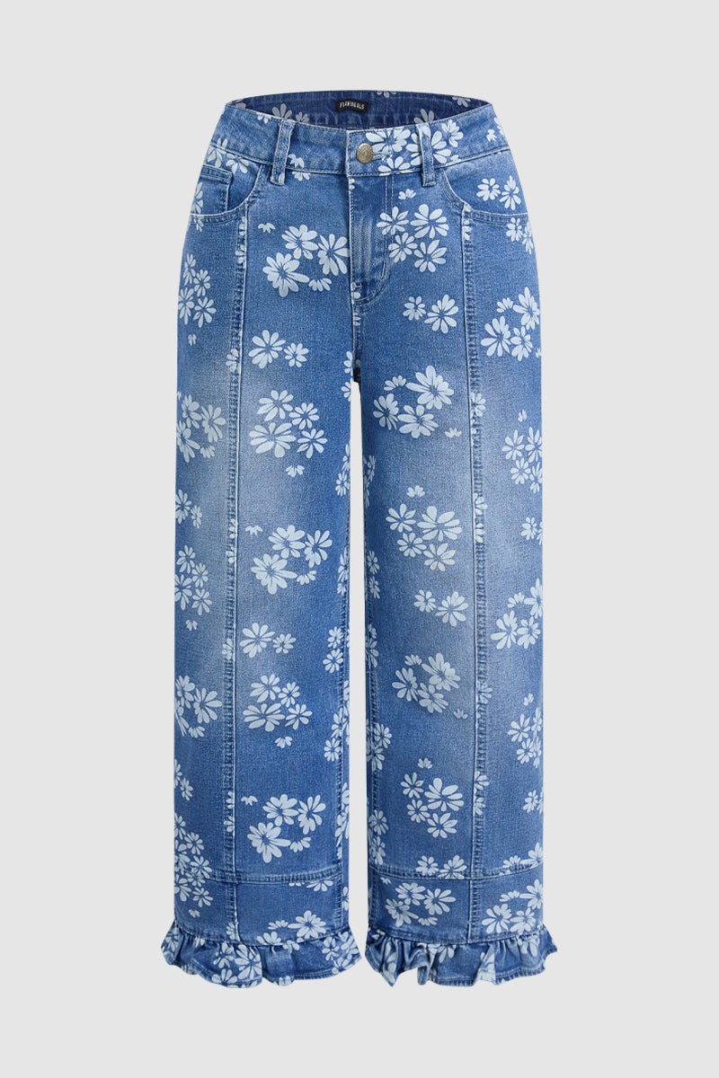 Floral Pattern Ruffle Stitch Detail Mid Waist Wide Leg Crop Jeans