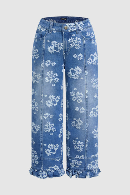 Floral Pattern Ruffle Stitch Detail Mid Waist Wide Leg Crop Jeans