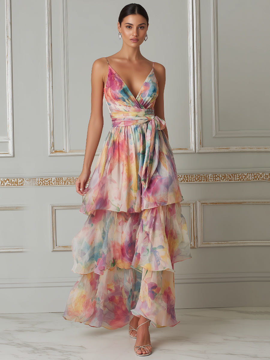 Vibrant Watercolor Tiered Chiffon Maxi Dress