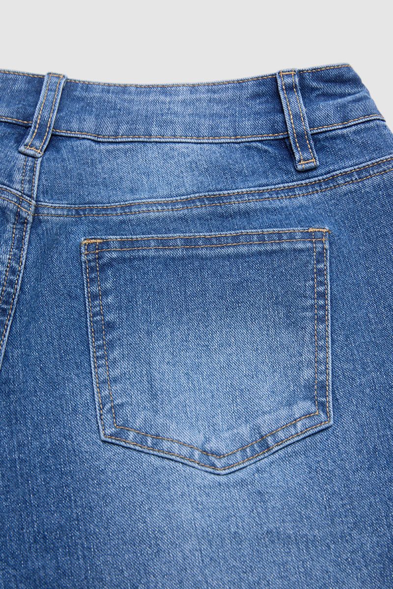 Roll & Raw Hem Stitch Detail Flap Decor High Waist Tapered Cropped Jeans
