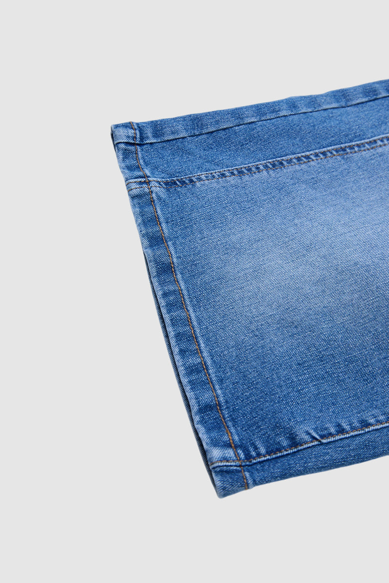 Wash Flap Decor Stitch Detail Mid Waist Denim Bermuda Shorts Without Belt