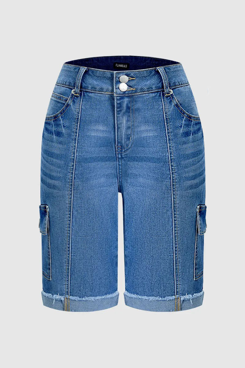 Raw Hem Stitch Detail Mid Waist Denim Cargo Bermuda Shorts