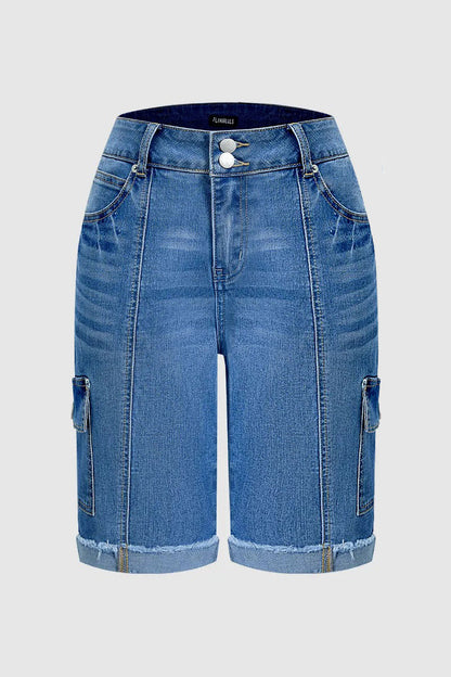 Raw Hem Stitch Detail Mid Waist Denim Cargo Bermuda Shorts