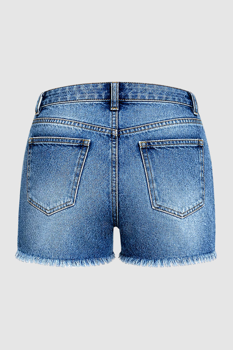 Wash Split Raw Hem Drawstring Mid Rise Denim Shorts