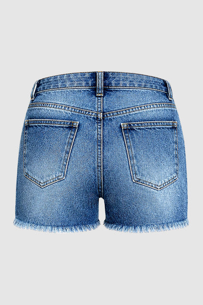 Wash Split Raw Hem Drawstring Mid Rise Denim Shorts