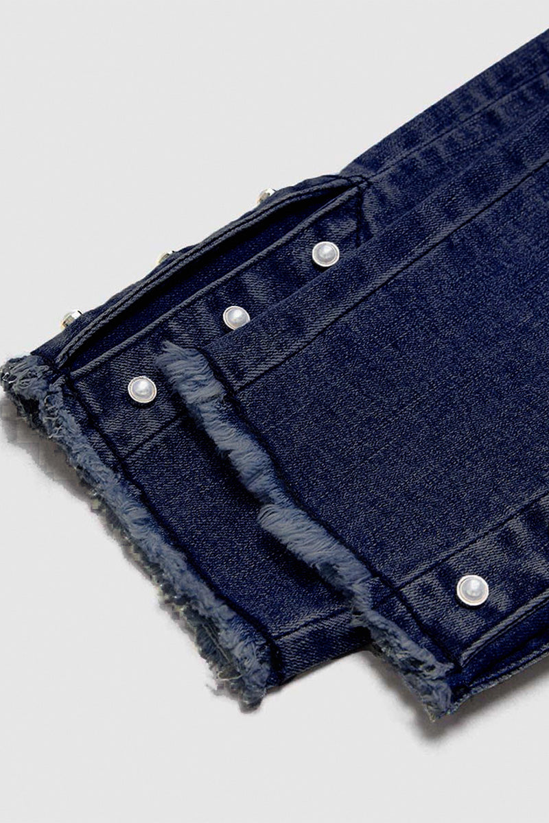 Pearl Button Side Raw Hem High Waist Skinny Jeans