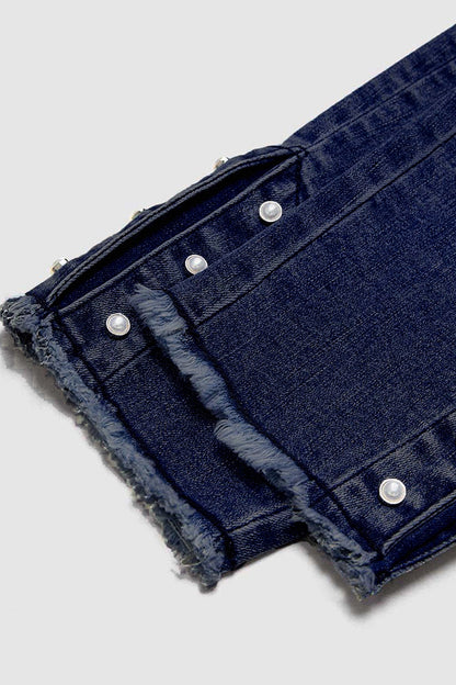 Pearl Button Side Raw Hem High Waist Skinny Jeans