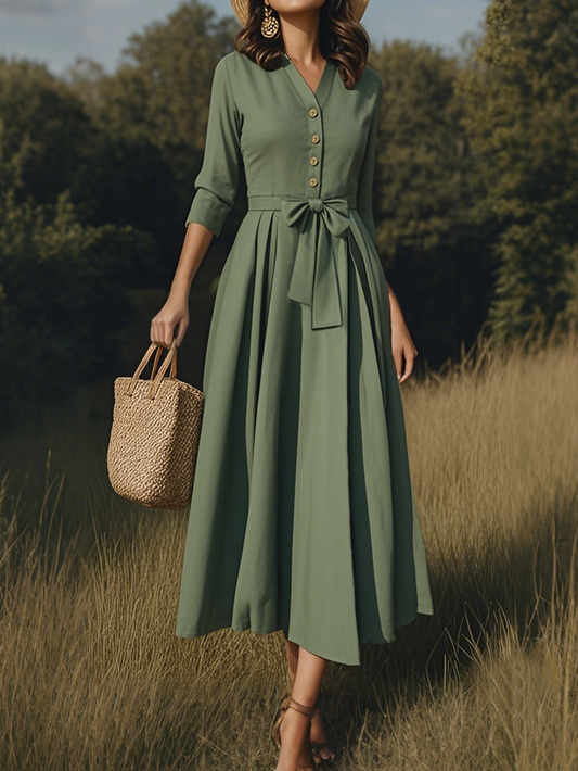 Robe midi en coton, décontractée, unie, surpiqûres de poches, col semi-ouvert, manches mi-longues, vintage, verte