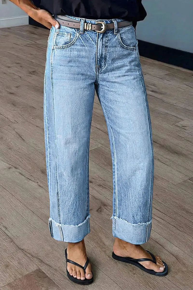 Wash Seam Front Roll Raw Hem Mid Rise Straight Leg Crop Jeans Without Belt