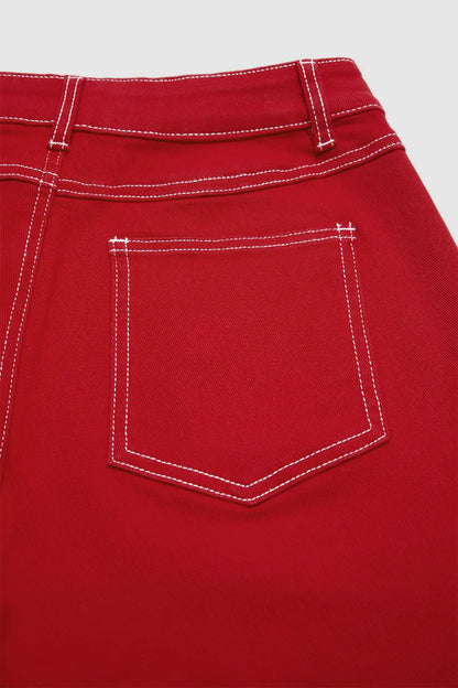 Contrast Stitch Mid Rise Barrel Leg Crop Pants