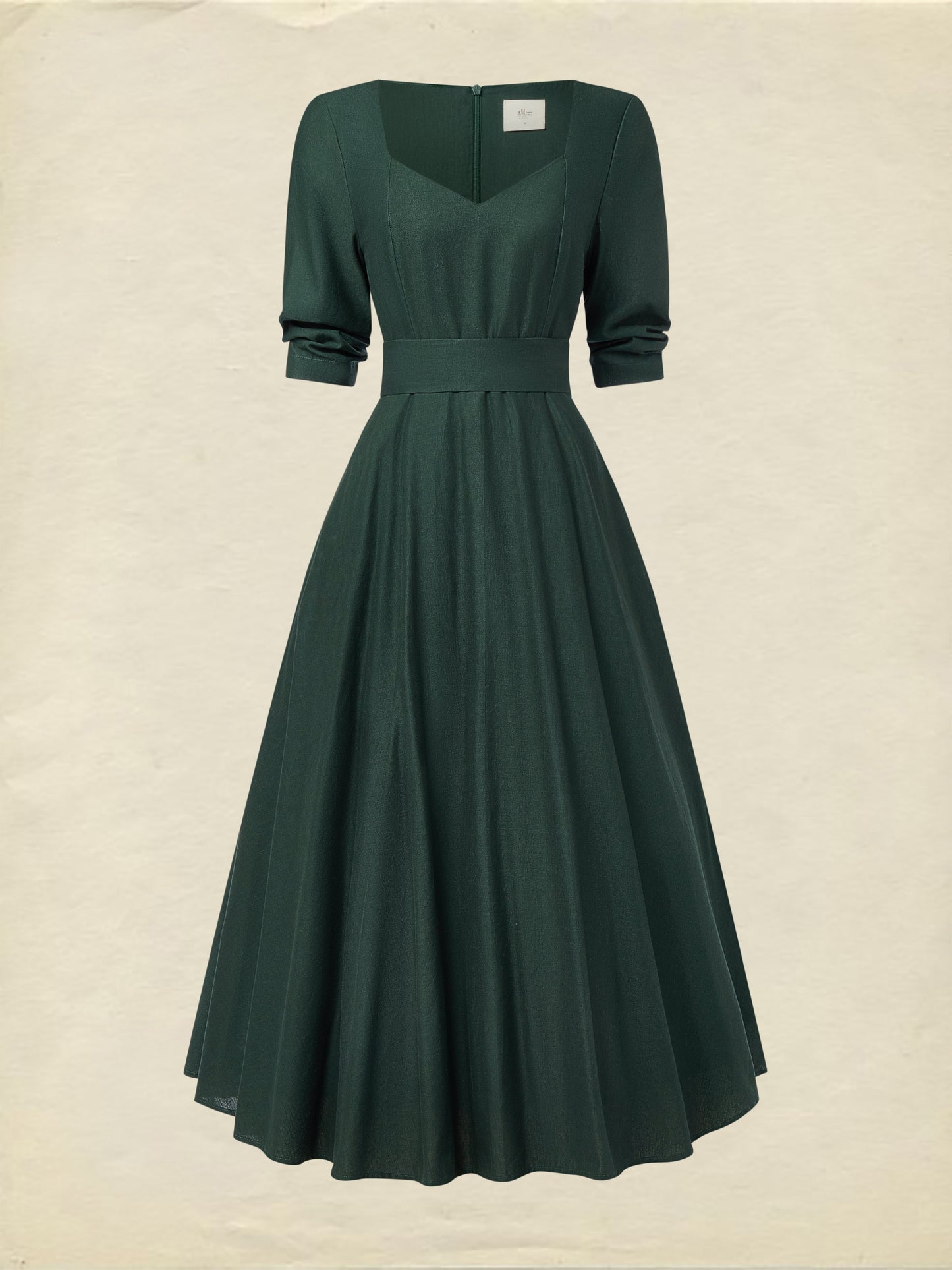 Robe Midi en Lin, Manches Courtes, Col Cœur, Unie, Vintage, Vert Foncé