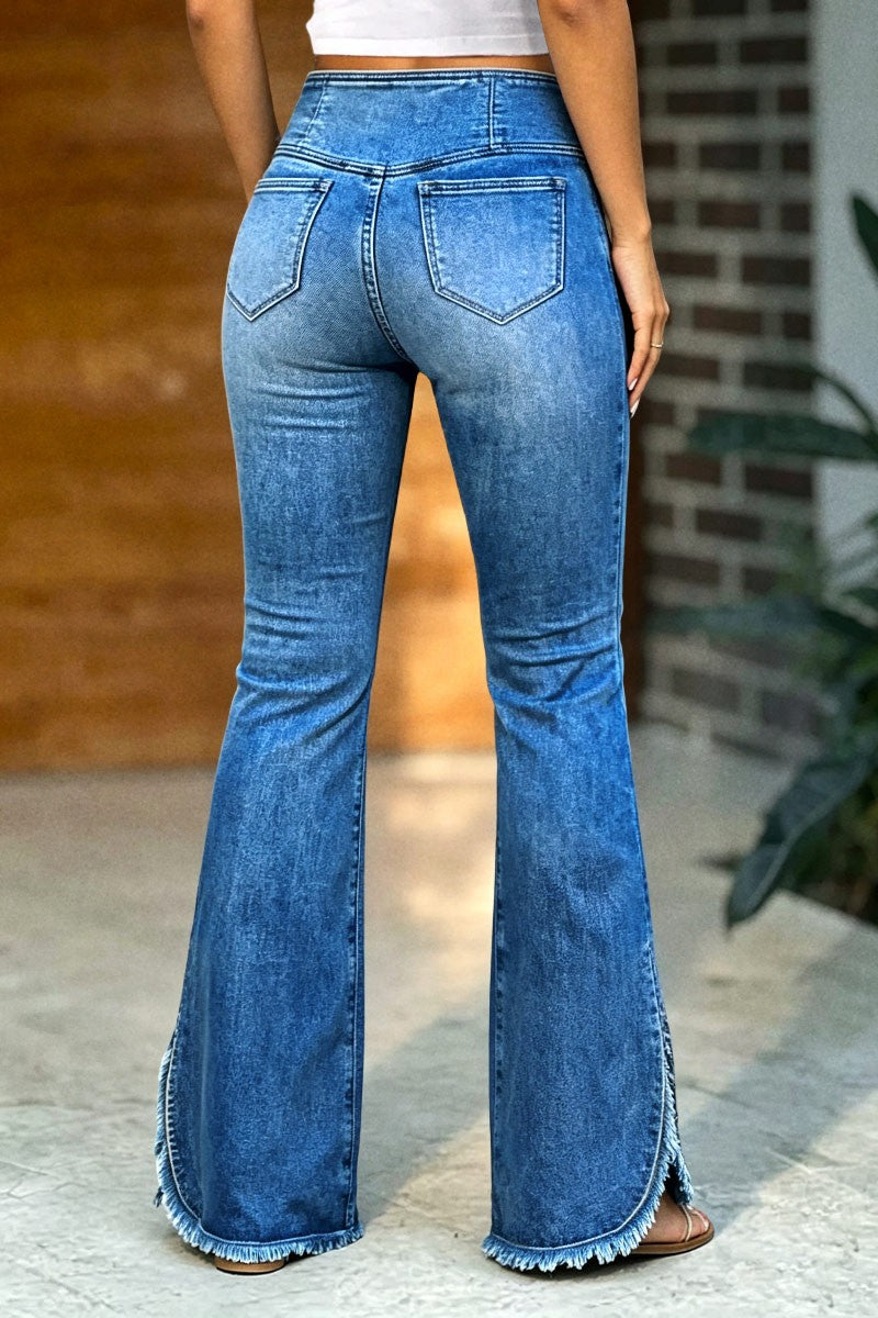 Plant Embroidery Raw Hem Asymmetrical Split Mid Waist Flare Jeans