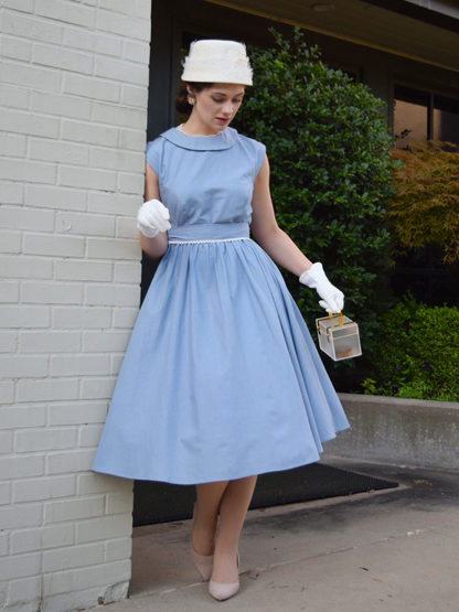 Robe Midi en Lin, Sans Manches, Col Rond, Unie, Vintage, Bleue