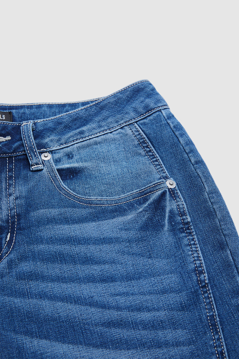 Stitch Detail Raw Hem Split Mid Waist Bootcut Jeans Without Belt