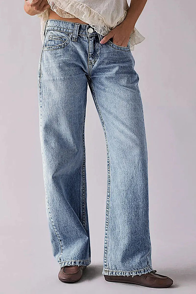 Wash Raw Hem Mid Rise Straight Leg Jeans