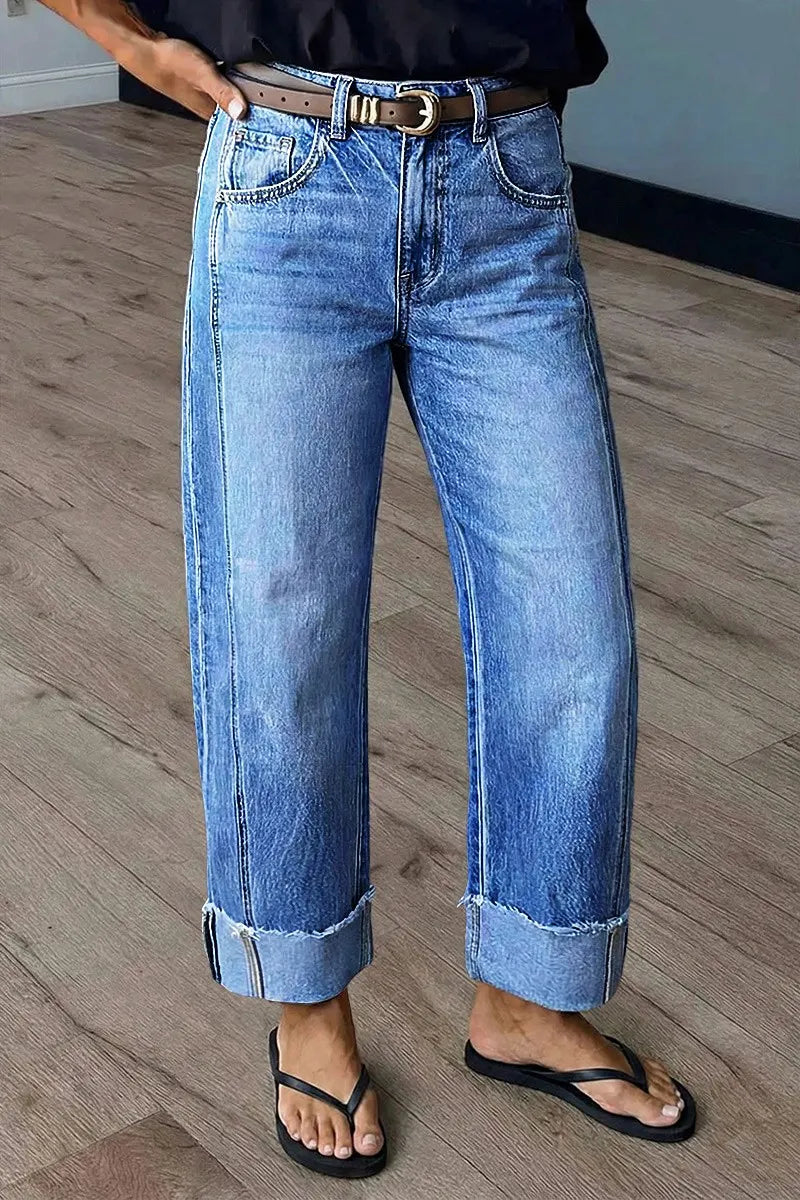 Wash Seam Front Roll Raw Hem Mid Rise Straight Leg Crop Jeans Without Belt