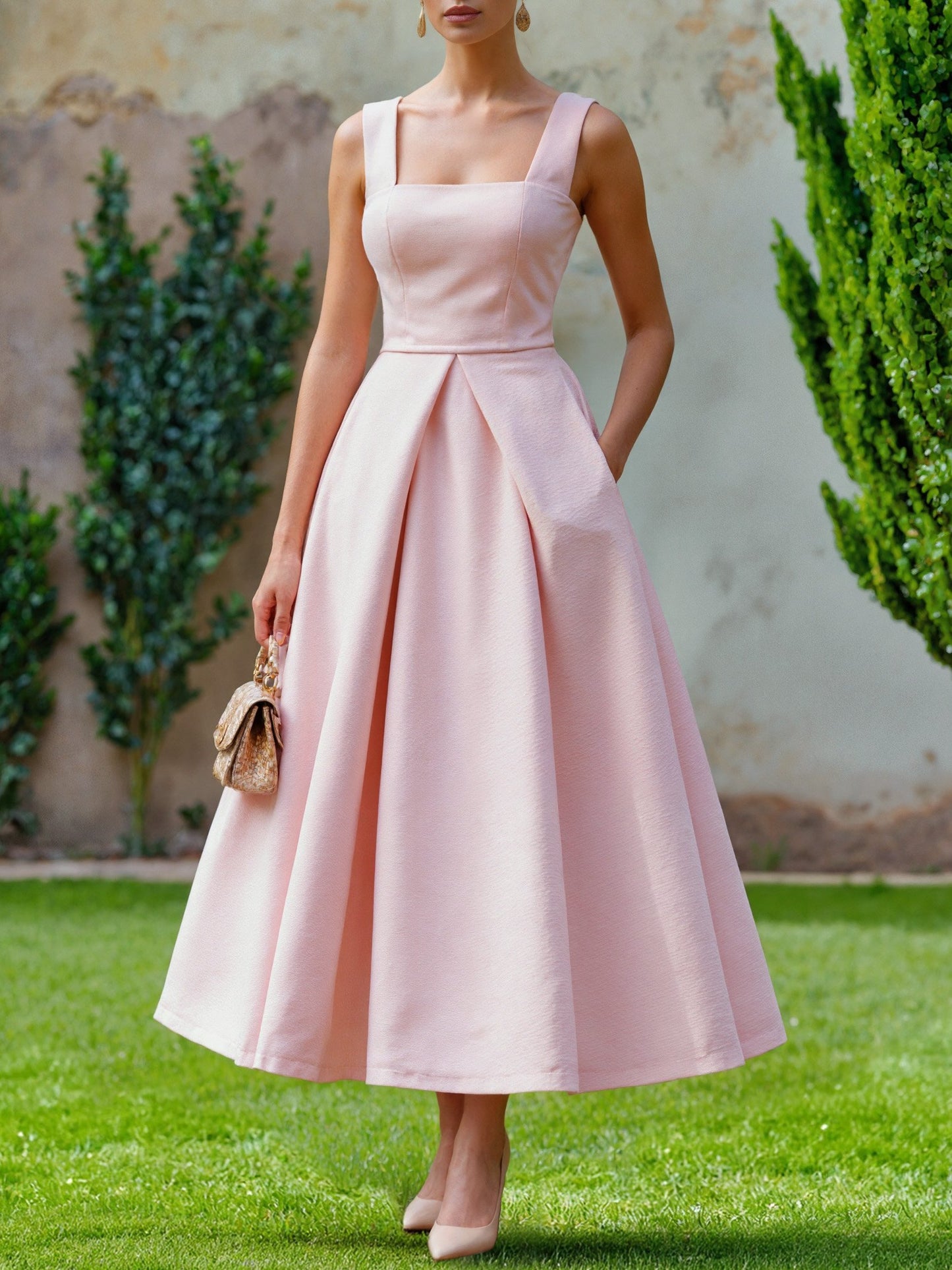 Ensemble robe longue en coton, manches mi-longues, col rond, fleuri, poches, vintage français, rose clair