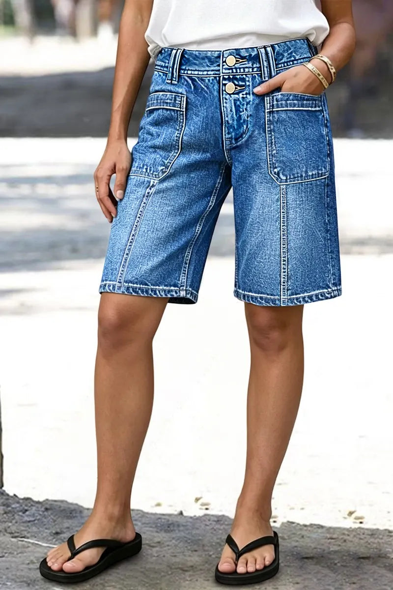Wash Dual Button Stitch Detail Mid Waist Denim Bermuda Shorts