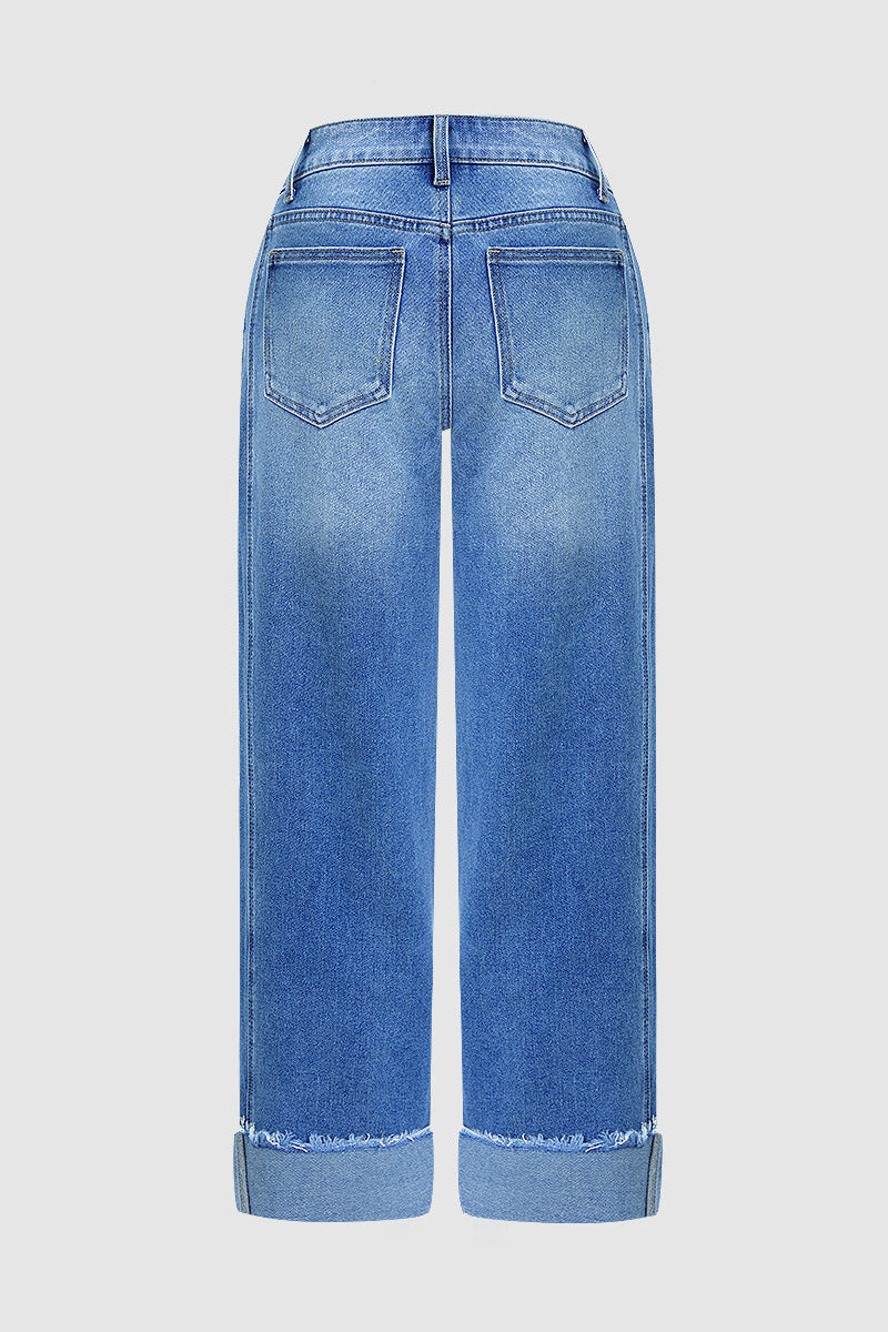 Wash Seam Front Roll Raw Hem Mid Rise Straight Leg Crop Jeans Without Belt