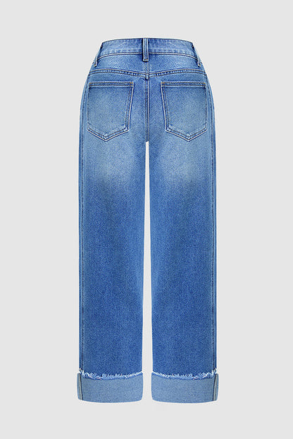 Wash Seam Front Roll Raw Hem Mid Rise Straight Leg Crop Jeans Without Belt