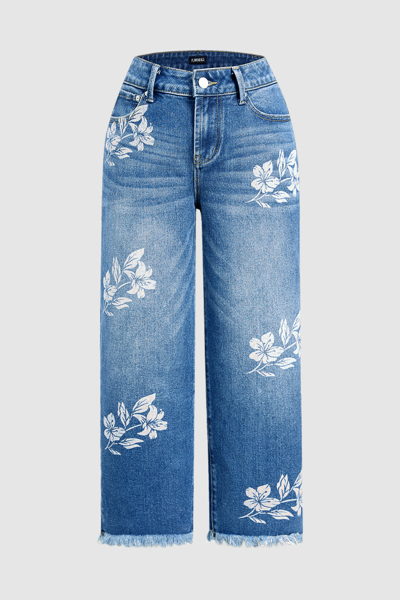 Floral Print Raw Hem Mid Waist Straight Leg Crop Jeans