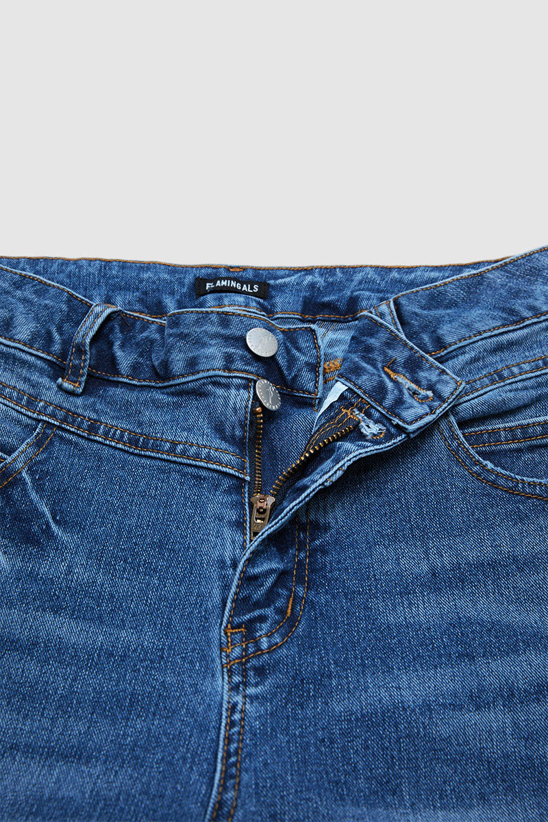 Wash Dual Button Mid Waist Straight Leg Crop Jeans