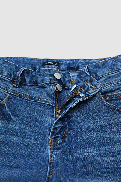 Wash Dual Button Mid Waist Straight Leg Crop Jeans
