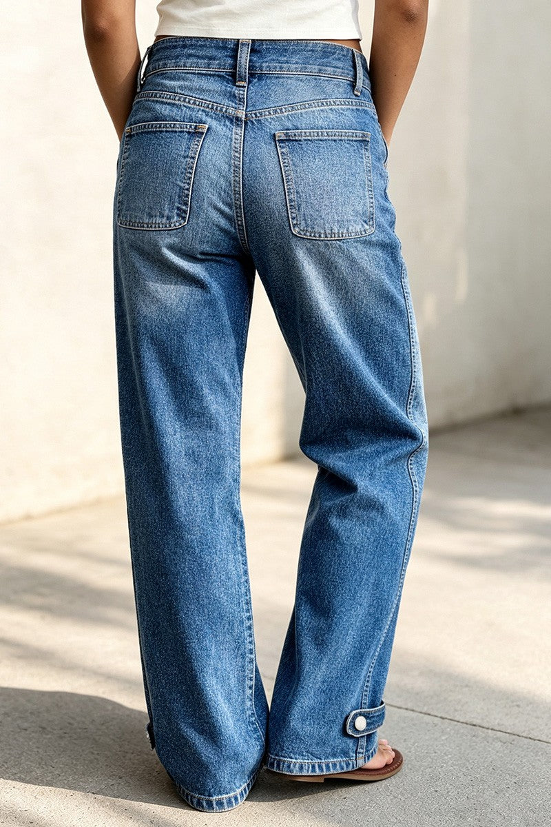 Stitch Detail Button Tab Wide Leg Mid Waist Jeans
