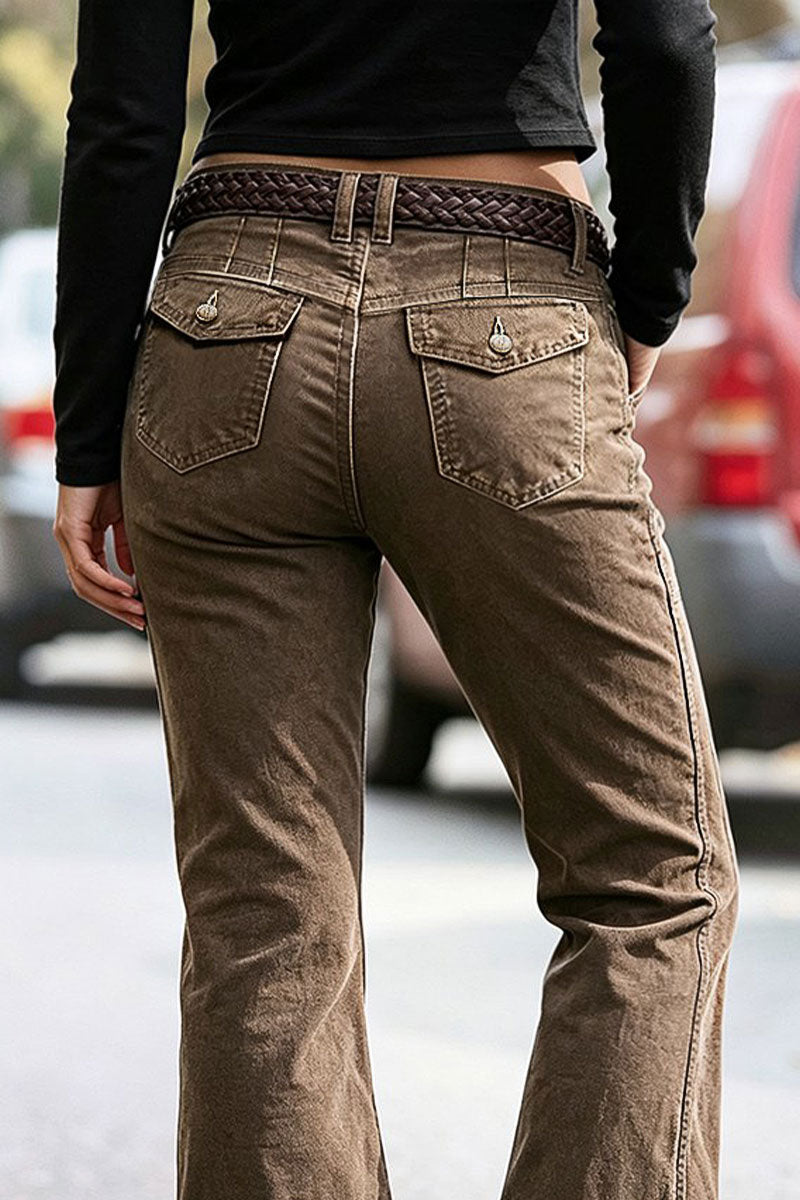 Flap Pocket Stitch Detail Mid Waist Flared Pants Without Belt