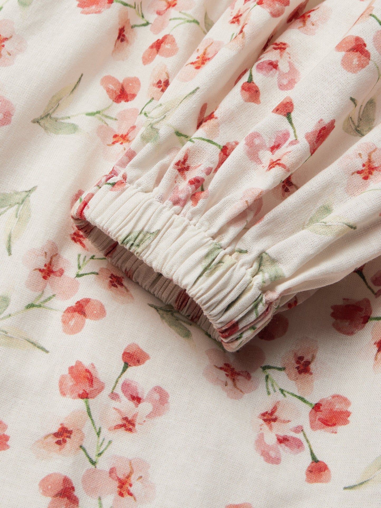 Robe longue élégante coupe classique à manches longues en coton et lin à motif floral, rose