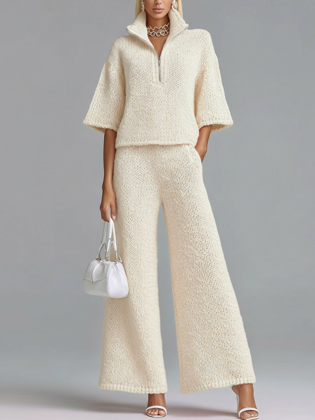 Stylish Elegant Barbie Pink Lapel Seven-Quarter Sleeve Half-Zip Loose Sweater And Wide-Leg Pants Two-Piece Set