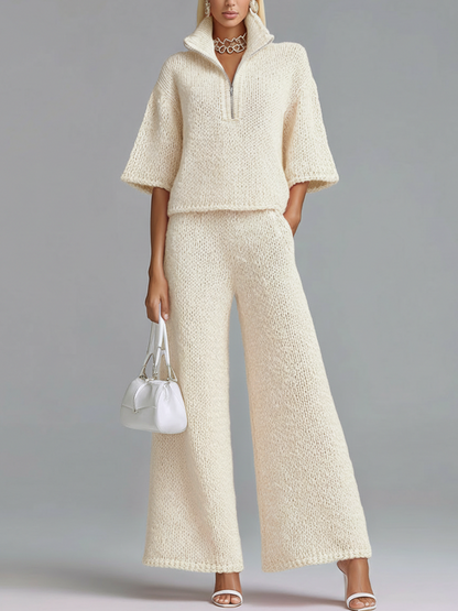 Stylish Elegant Barbie Pink Lapel Seven-Quarter Sleeve Half-Zip Loose Sweater And Wide-Leg Pants Two-Piece Set